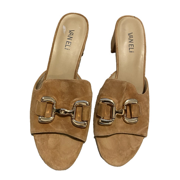 Vaneli Suede Slide Sandals Womens US 9 EU 40 Taupe Leather Wedge Heel Dress Shoe - Picture 2 of 10